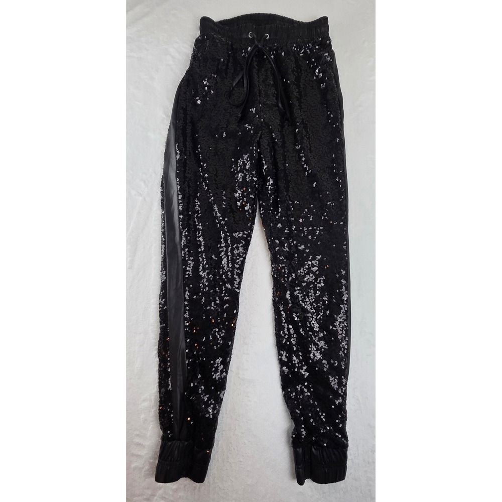 Black Sequin Joggers Womens‎ Medium Party Pants Faux Leather Trim Drawstring